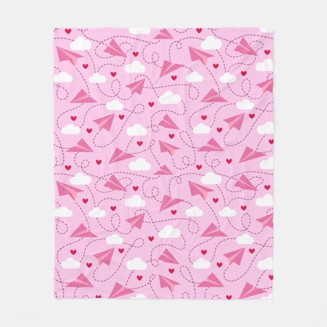 Cute Valentine Flying Aeroplane Red Pink Hearts Fleece Blanket (Front)