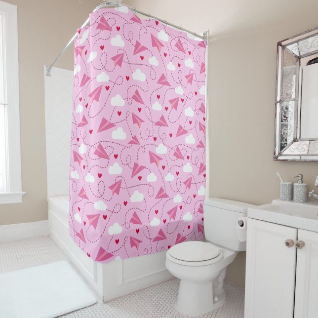 Cute Valentine Flying Aeroplane Red Pink Hearts Shower Curtain (In Situ)
