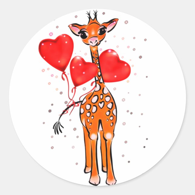 Cute valentine giraffe with heart balloons  classic round sticker (Front)
