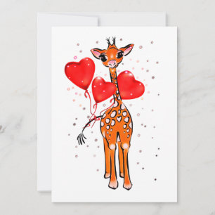 Cute valentine giraffe with heart balloons  holiday card