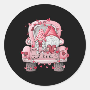 Cute Valentine Gnome Couple On Red Truck Love Chec Classic Round Sticker
