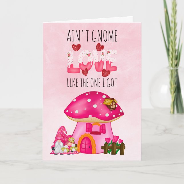 Cute Valentine Gnome Love Pink Watercolor Holiday Card (Front)