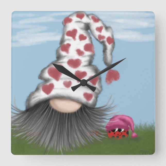 Cute Valentine Gnome Square Wall Clock (Front)