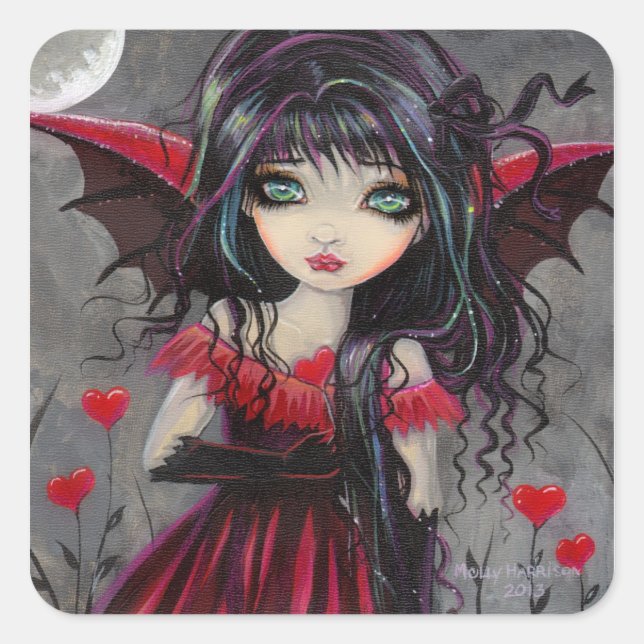 Cute Valentine Gothic Fairy Vampire with Hearts Square Sticker (Front)