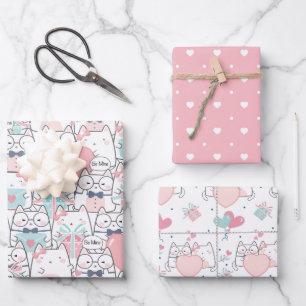 Cute Valentine Heart Love Cats Pattern Wrapping Paper Sheet