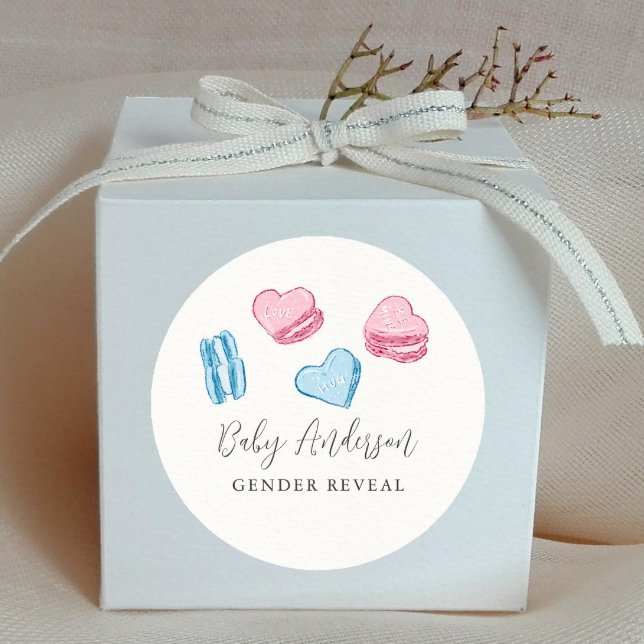Cute Valentine Hearts Gender Reveal Party Favour Classic Round Sticker (Creator Uploaded)