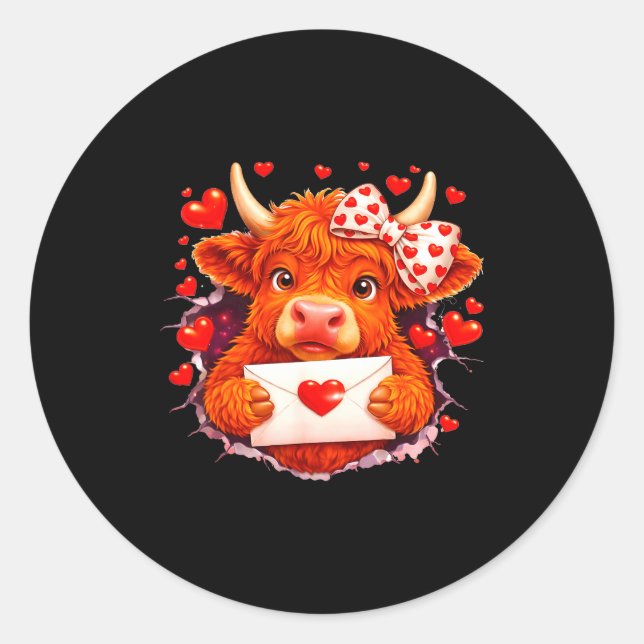 Cute Valentine Highland Cow With Heart Bow Western Classic Round Sticker (Front)