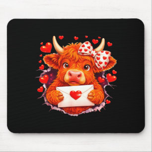 Cute Valentine Highland Cow With Heart Bow Western Mouse Mat
