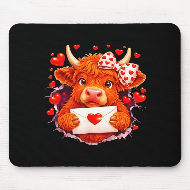 Cute Valentine Highland Cow With Heart Bow Western Mouse Mat (Front)