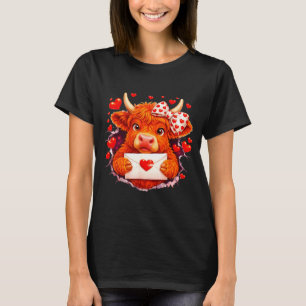 Cute Valentine Highland Cow With Heart Bow Western T-Shirt