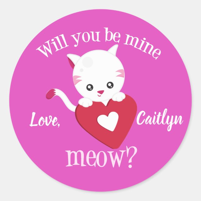 Cute Valentine Kitty Cat Pink Classic Round Sticker (Front)
