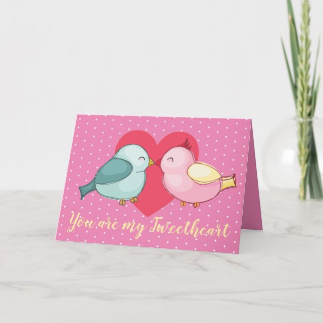 Cute Valentine Love Birds With Red Heart Holiday Card (Front)