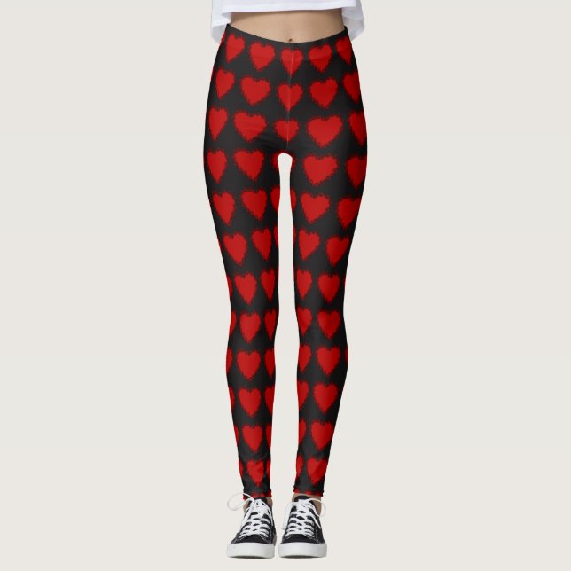 Cute Valentine Love Hearts Black and Red Leggings (Front)