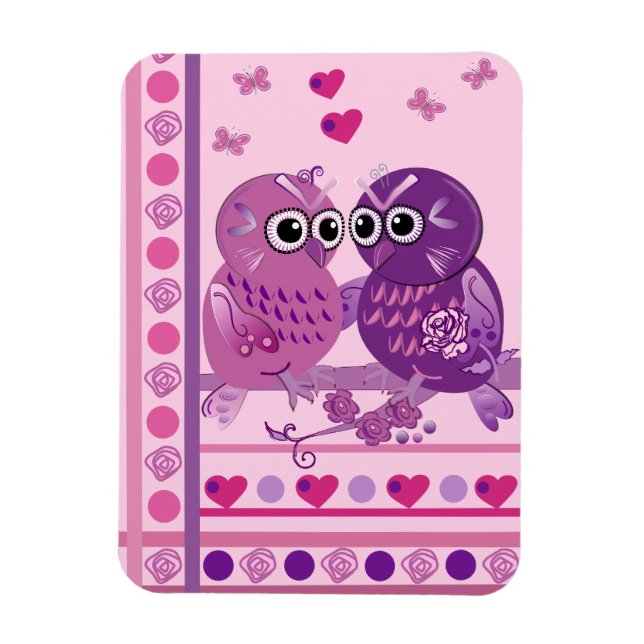 Cute valentine magnet with cartoon owls (Vertical)