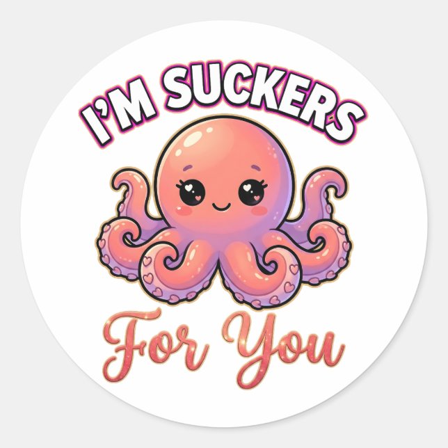 Cute Valentine Octopus – I’m Suckers for You Classic Round Sticker (Front)