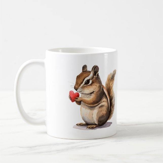 Cute Valentine’s Day Chipmunk Holding a Heart Coffee Mug (Left)