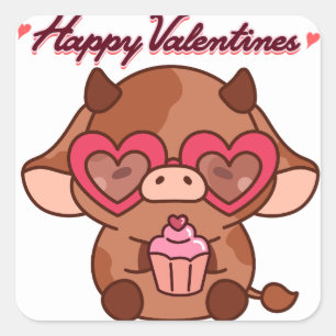 Cute Valentine’s Day Cow Sticker, Valentines Cow Square Sticker