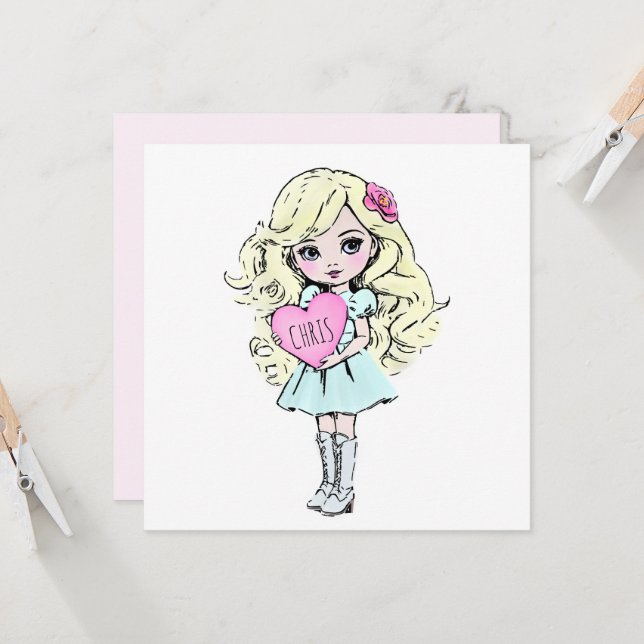 Cute Valentine’s Girl Holding Heart  Card (Front/Back In Situ)