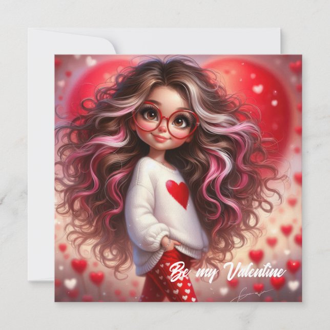 Cute Valentine sassy girl with red heart love Holiday Card (Front)