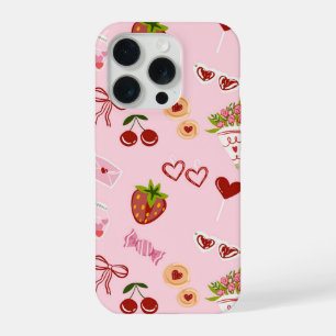 Cute Valentine Sweets & Strawberry Pattern iPhone 15 Pro Case