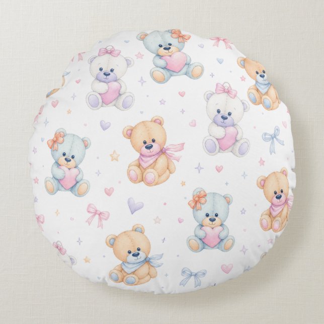 Cute Valentine Teddy Bear Seamless Pattern Round Cushion (Front)