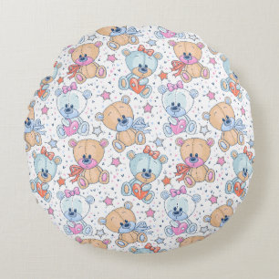 Cute Valentine Teddy Bear Seamless Pattern Round Cushion
