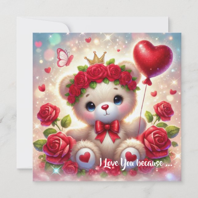 Cute Valentine teddy bear with red heart  Holiday Card (Front)