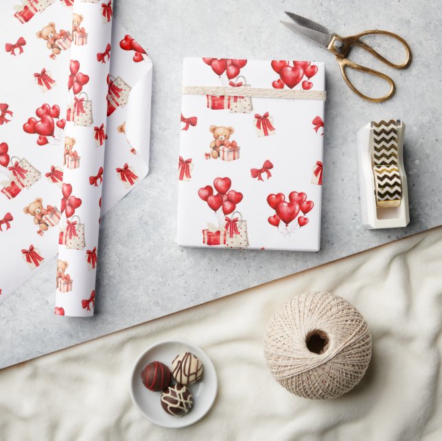 Cute Valentine Teddy with Heart Shaped Balloons Wrapping Paper (Crafts)