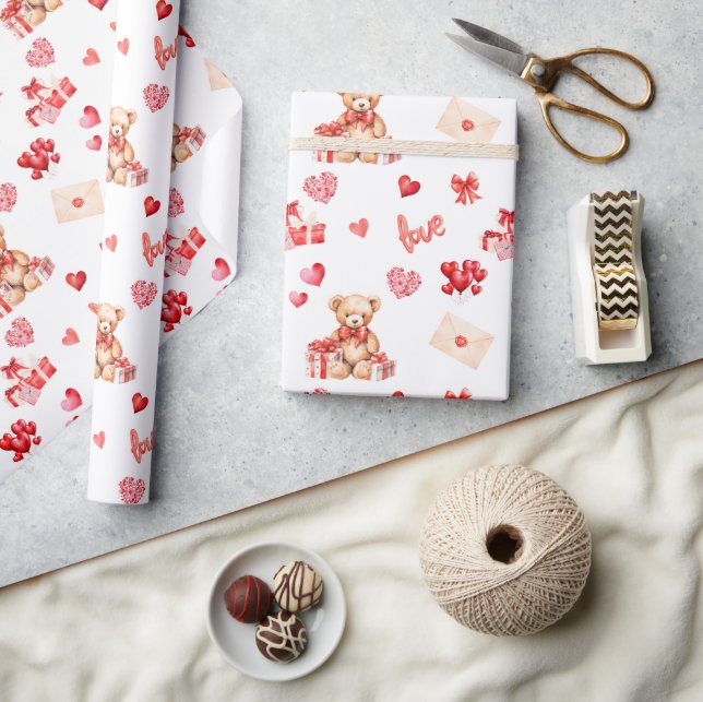 Cute Valentine Teddy with Red Hearts Wrapping Paper (Crafts)
