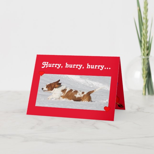 Cute Valentine w/Funny Basset Hound Running Holiday Card (Front)
