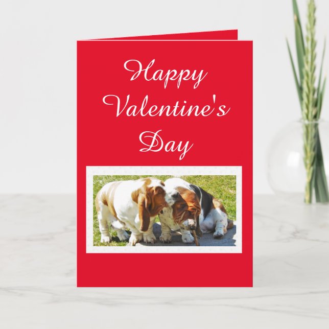 Cute Valentine with Basset Hounds and Hearts Holiday Card (Front)