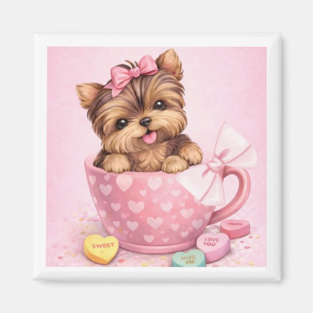 Cute Valentine Yorkie in Pink Teacup Magnet (Front)