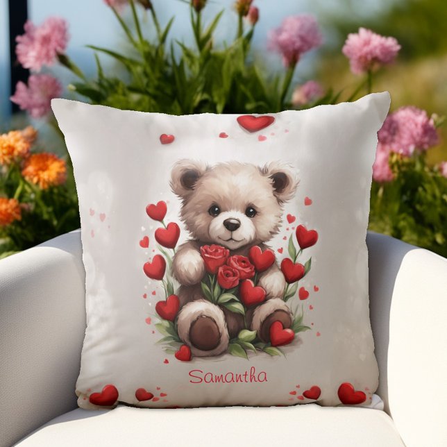 Cute Valentine's Bear with Red Roses and Hearts Cushion (Creator Uploaded)
