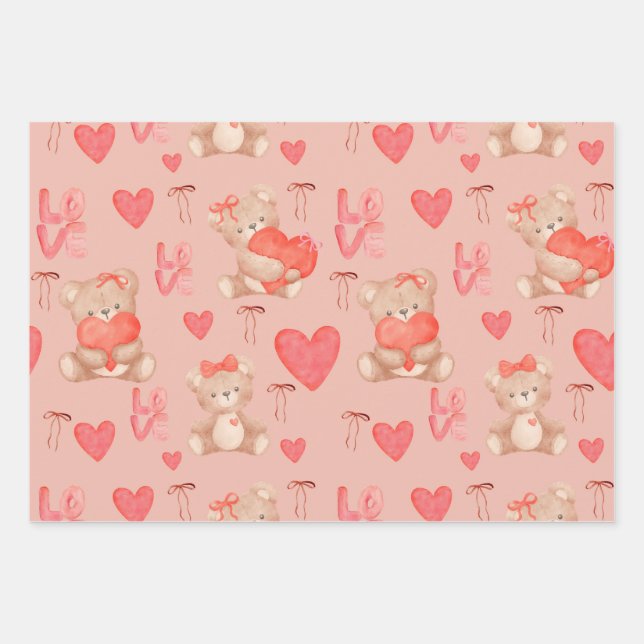 Cute Valentines Brown Teddy Bear Seamless Pattern Wrapping Paper Sheet (Front)