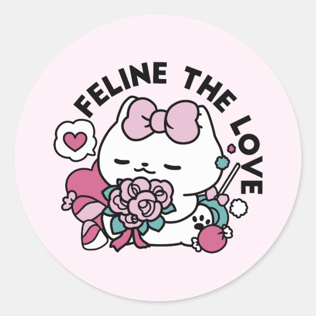 Cute Valentine's Cat Design – Feline the Love Classic Round Sticker (Front)