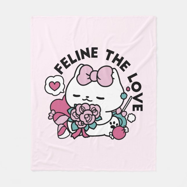Cute Valentine's Cat Design – Feline the Love Fleece Blanket (Front)