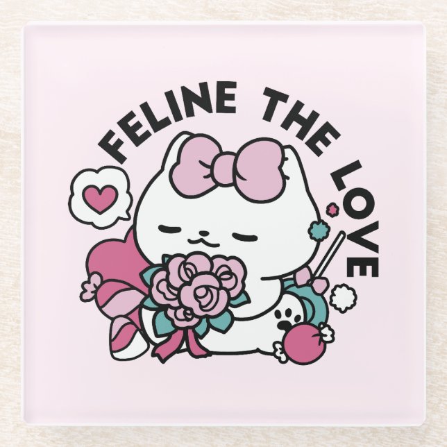 Cute Valentine's Cat Design – Feline the Love Glass Coaster (Front)