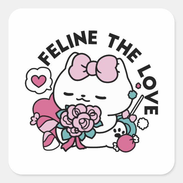 Cute Valentine's Cat Design – Feline the Love Square Sticker (Front)