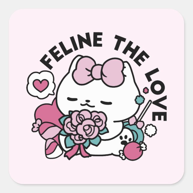 Cute Valentine's Cat Design – Feline the Love Square Sticker (Front)