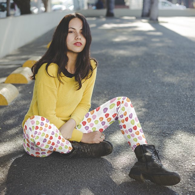 Cute Valentine's Conversation Heart Pattern Leggings (Cute Conversation Hearts leggings with a white background)