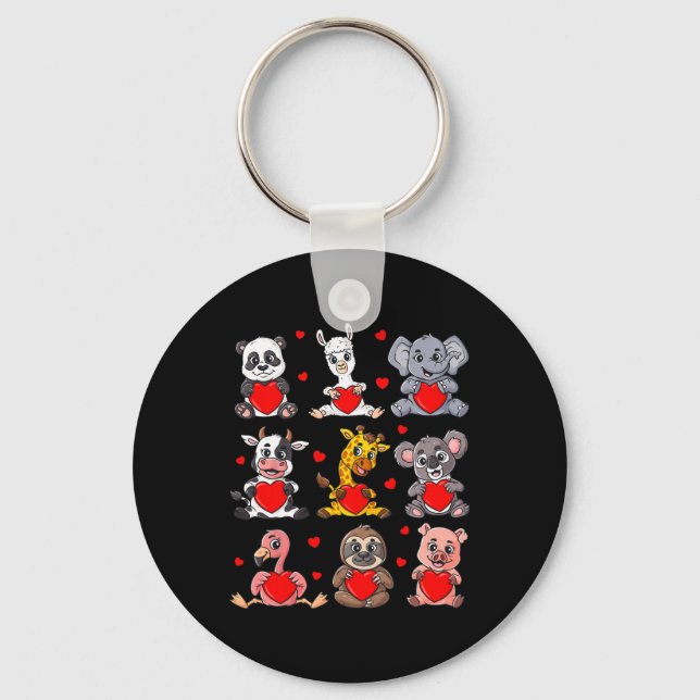 Cute Valentines Day Animals Holding Hearts Boys Gi Key Ring (Front)