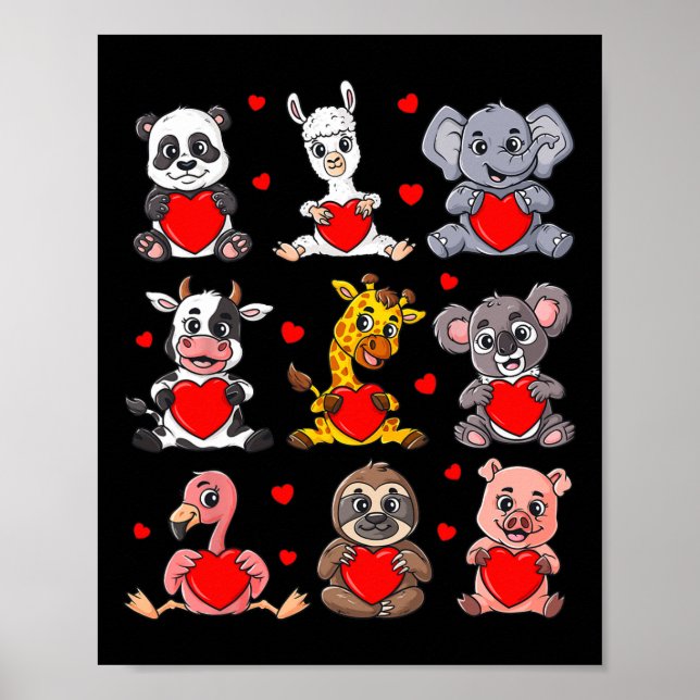 Cute Valentines Day Animals Holding Hearts Boys Gi Poster (Front)