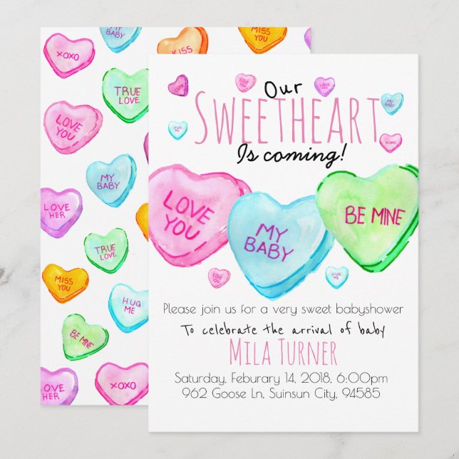 Cute Valentines Day candy heart baby shower invite (Front/Back)