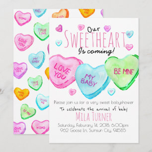 Cute Valentines Day candy heart baby shower invite
