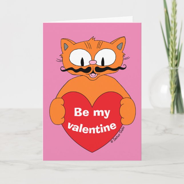 Cute Valentine's Day Card Cartoon Moustache Cat (Front)
