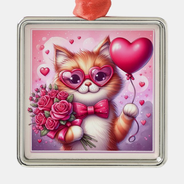 Cute Valentine's day cat/kitten Metal Tree Decoration (Front)
