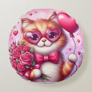 Cute Valentine's day cat/kitten Round Cushion