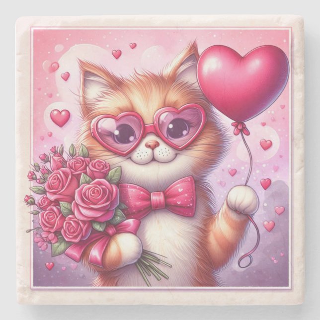 Cute Valentine's day cat/kitten Stone Coaster (Front)