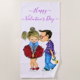 Cute Valentine's Day Couple Beach Towel