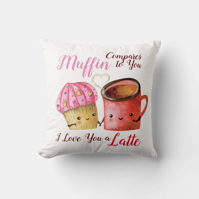 Cute Valentine's Day Cupcake and Coffee Mug Couple Cushion (Front)